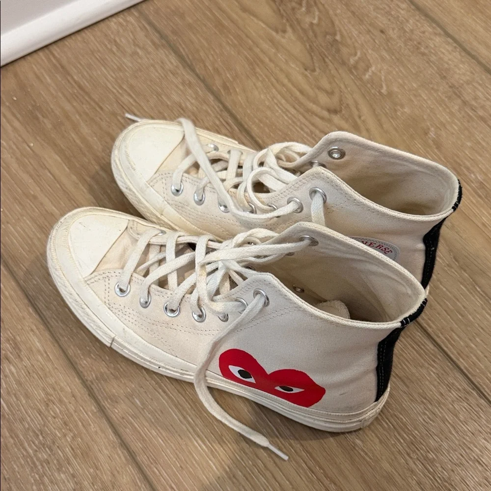 Comme des Garçons Play Cream High-Top Sneakers with Red Heart Logo